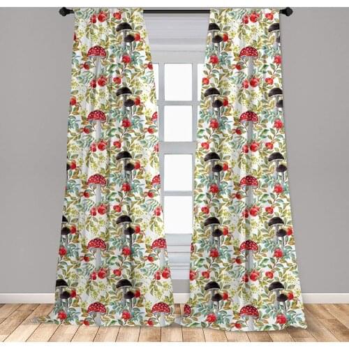 Watercolor Curtains Hand Drawn Dogrose and Mushrooms Autumn Leaves Berries Amantias Nature Inspired Window Curtains Living Room