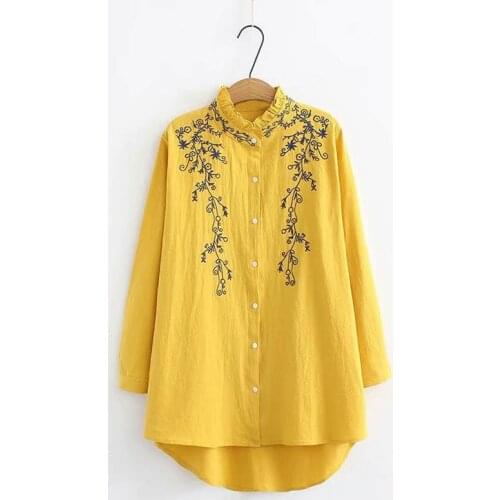 Spring summer cotton embroidered top women bust 134cm plus size 5XL 6XL 7XL 8XL loose long sleeve long top women 3 colors