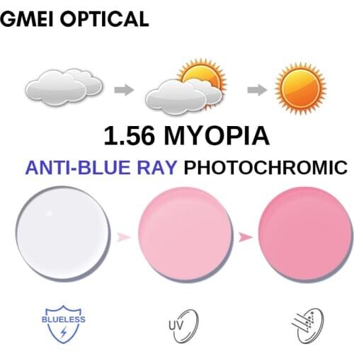 1.56 Anti-Blue Ray Photochromic Pink or Blue or Purple Myopia Lens SPH Range -0.00~-6.00 Max CLY -2.00 Aspheric Glasses Lenses