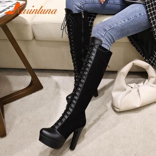 Karinluna High Quality Shoes Woman Patchwork Platform Spike Heels Knee High Boots Zip Cross-tied Autumn
