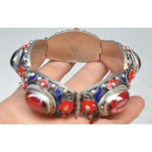 Chinas Tibet dynasty palace cloisonne silver inlaid stone bracelet NER060 t fine jewe