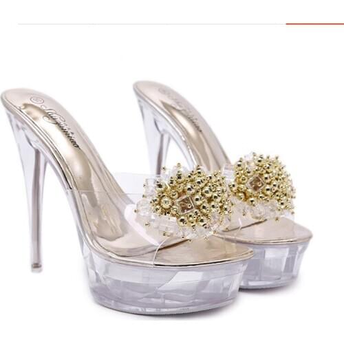 Summer Europe and America jelly beaded 14CM fine with slippers sexy fish mouth waterproof platform nightclub high heels