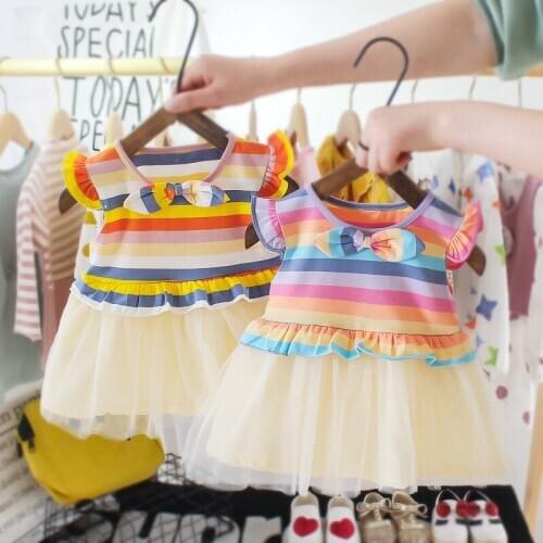 Summer Toddler Infant Girls Cotton Mesh Tutu Rainbow Striped Dresses Kids Birthday Party Clothes Baby Girl Princess Dress