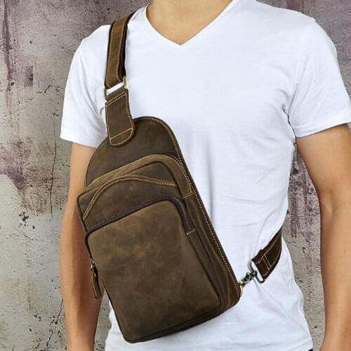 Men Crazy Horse Cowhide Crossbody High quality Vintage Messenger Shoulder Pack Travel trend Sling Chest Back Bag