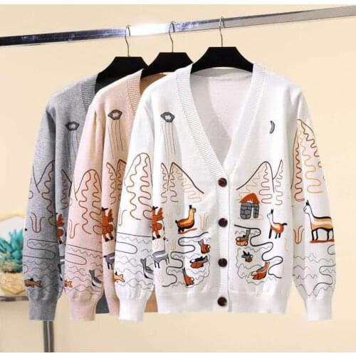 2021 new autumn and winter Korean version of the loose cartoon pattern long-sleeved knitted cardigan sweater jacket women