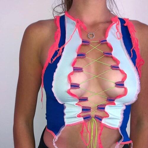 Bandage Slim Cropped Tops Sexy Women Hollow Out Bandeau Tank Vest Tops Femme Patchwork Line Crop Tops Dance Punk Style Summer