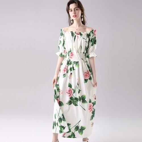 WTIANYUW Summer Fashion Runway Boho Maxi Dresses Women Off Shoulder Puff Sleeve Folwers Print Holiday Elegant Party Long Dress