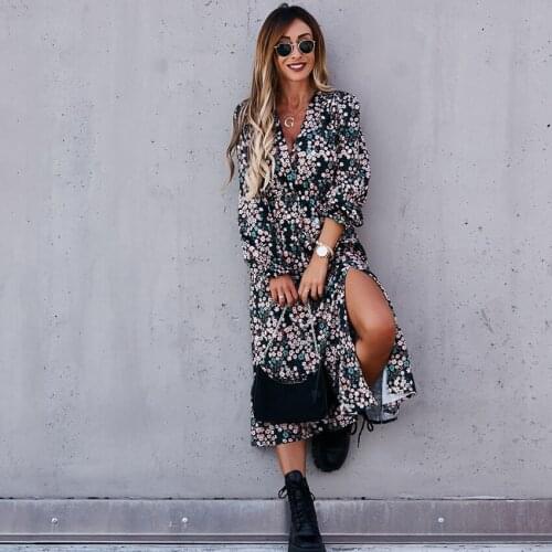 Summer Womens 2021 Dress V-Neck Long Floral Print For Casual Long Sleeve Split Maxi Party Dresses Female Boho Elegant Vestidos