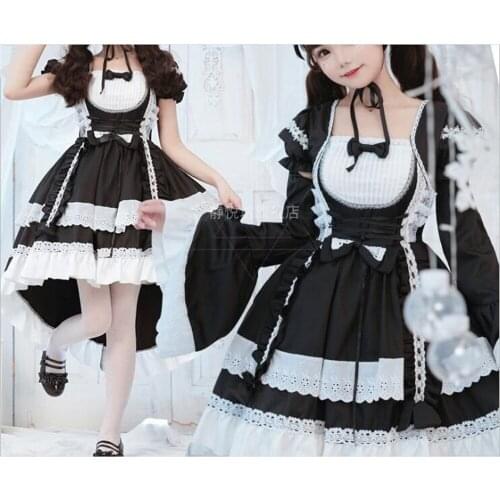 French Maid Gothic Style Short Sleeve Lace Trim Bowknot Dress Retro Women Lolita Kawaii Cosplay OP Princess Dress B820