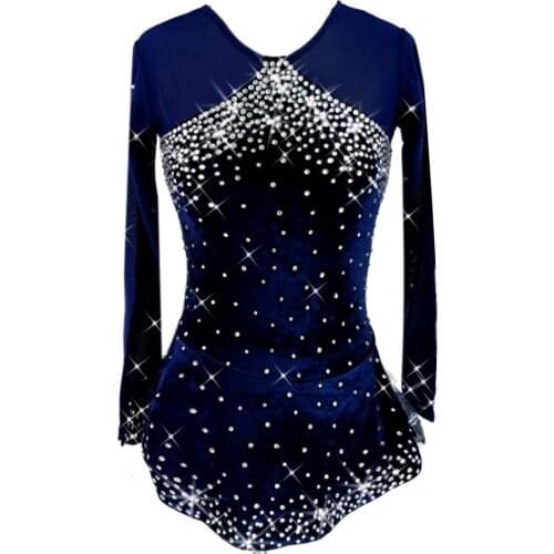 Ice skating dresses figure Long Sleeves Rhinestone Blue head badminton racquet Roller Skating Ballet Dress