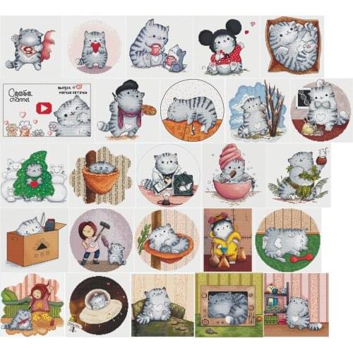 Needlework Cross stitch Handmade 14CT Counted Canvas DIY,Cross-stitch kits,Embroidery Flower in the key Pie cat