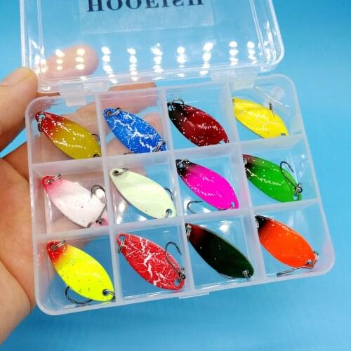 HOOFISH 12pcs+1Box/lot 2.5g/32mm Mini Trout Spoon Lure Set Metal Bait 12colors Colorful Isca Artificial Bait Fishing Tackle