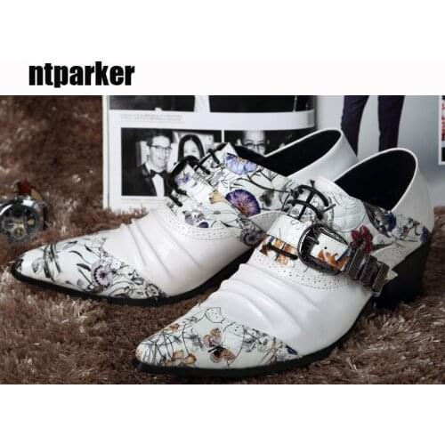 Ntparker Japanse Style Fashion mens Leather Shoes Height Increased White Mens Wedding Shoes print dress shoes pointed toe