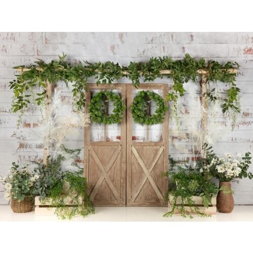VinylBDS White Brick Wall Christmas Photography Backdrop Door Background Photography Backdrops Tree Photo Backdrop