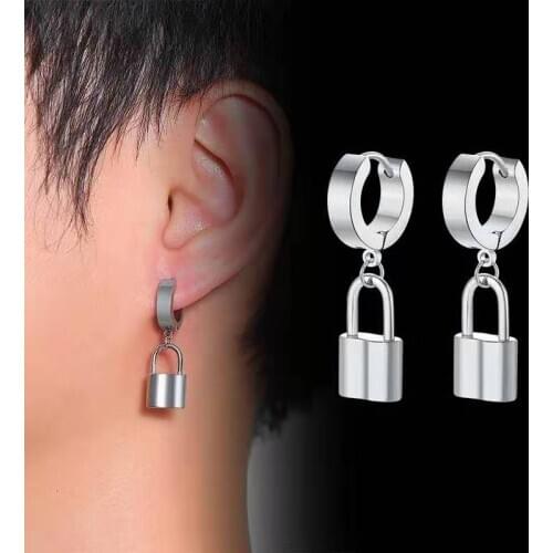 1pair(2pcs) Stainless Steel Fashion Lock Shaped Earrings Padlock Pendant Dangle Loop Drop Earrings Men Women Punk Jewelry