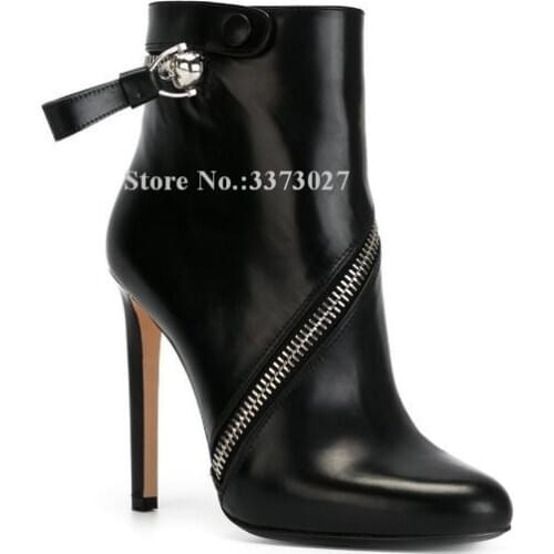 Women New Black Leather Zipper Decor Ankle Boots Fashion Design Stiletto Heel Short Boots Lady Large Size Banquet Shoes Dropship