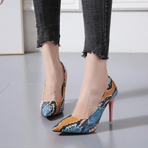 10CM PUMPS 2019 spring color snakeskin pattern super high heels stiletto shallow mouth pointed sexy womens shoes