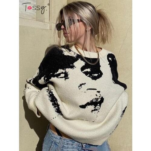 Tossy Womens Autumn Knitted Long Sleeve Printed Sweaters Purple O-Neck Oversized Casual Pullover 2021 Fashion Streetwear