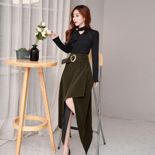 Womens Spring Buttoned Hollow Slim Top + High Waist Skirt Sets Female Two-Pieces Suits
