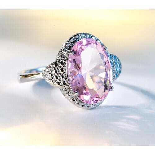 Unique Style Female Big Pink Zircon Stone Ring Luxury 925 Sterling Silver Engagement Ring Cute Wedding Finger Rings for Women