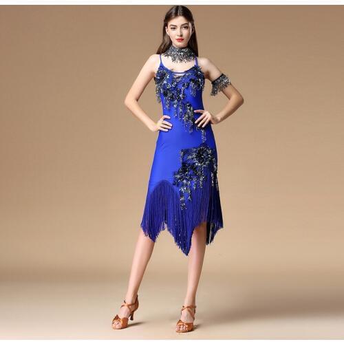 2018 Women Competition Clothes Fringes Sequins Costume Straps Dresses Salsa Ballroom Dance Latin Dress (with Necklace & Armband)