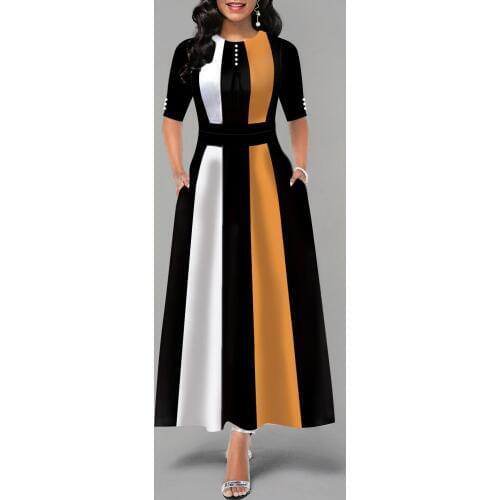 Elegant Striped A line Women Summer Dress 2020 Vintage O Neck Short Sleeve Long Dress Women Vestidos Robe