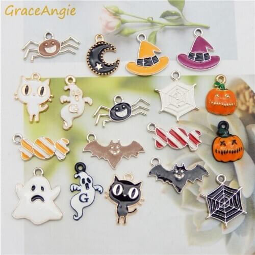 18pcs enamel alloy animals Evil candiy bat hat spider Pumpkin Ghost charms hairs jewelry diy pendant for earrings keychain Gifts