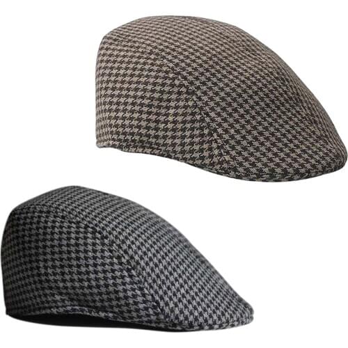 2 PCS Children Kids Peaked Country Cabbie Golf Hats Cotton Hound Tooth Beret Cap Newsboy Flat Hat Outdoor Accs Black & Brown