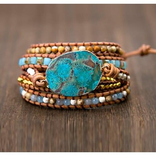 2021 Women Leather Bracelet Unique Mixed Natural Stones Gilded Stone Charm 5 Strands Wrap Bracelets Handmade Boho Bracelet