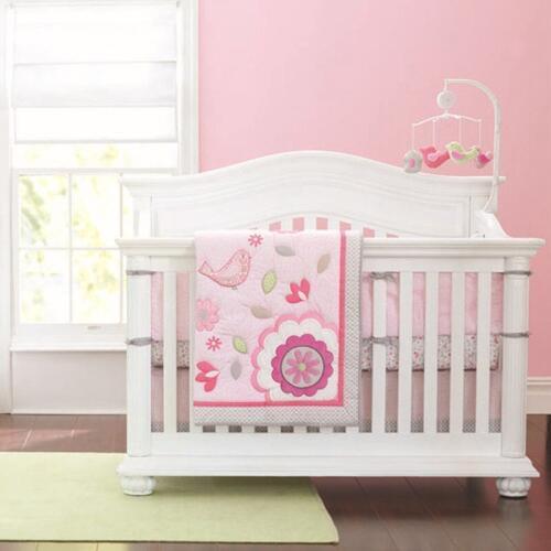 7PCS embroidery Appliqued 3D Birdie Flower Baby Cot Crib Bedding set Protector Infant Bumpers (bumper+duvet+bed cover+bed skirt)