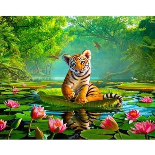 5d Diy Diamond Embroidery Cute tiger and lotus Diamond Painting Cross Stitch Picture By number Mosaic Wedding decoration Y2799
