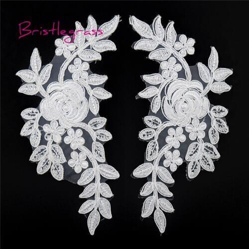 BRISTLEGRASS 1 Pair White Embroidered Rose Flower Vine Applique Patches Tulle Mesh Lace Trim Bridal Wedding Dress Costume Sewing