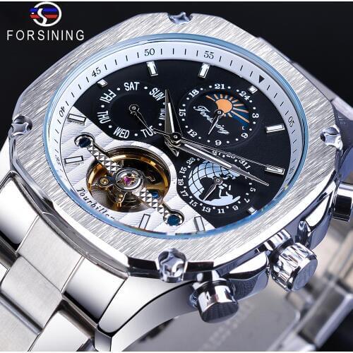 Forsining Automatic Watch Mens Tourbillon Mechanical Silver Square Stainless Steel Moonphase Male Self-Winding Relogio Masculino