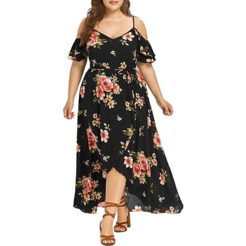 Maxi Dress Flower Print Plus Size Dresses For Women Casual Short Sleeve Cold Shoulder Boho Vestidos Loose Harajuku Femme Robe