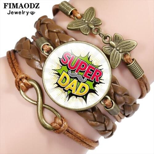 FIMAODZ Super Dad Bracelet I Love My Dad Glass Time Gem Handmade Infinity Leather Bracelets Men Wristband Fathers Day Gift