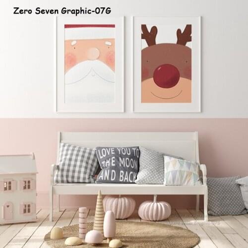 Canvas Poster And Print Simple Santa And Elk Cartoon Pictures Christmas Gallery Wall Decoration For Baby Room Gift For Children