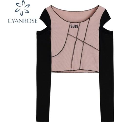 Korean Vintage Streetwear Sexy Off Shoulder Hit Color Women T Shirt Thin Crewneck Long Sleeve Skinnny Casual Female Short Tops