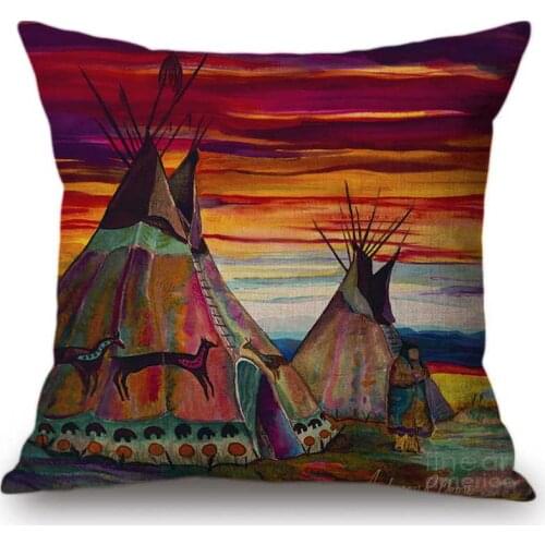 Colorful Oil Painting Indian Tent Gallery Collection Throw Pillow Covers Outdoor Sunrise Sunset View Cotton Linen Cushion Cover