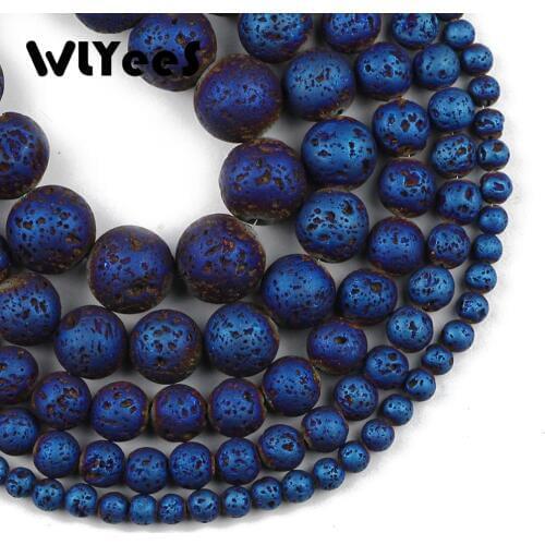 WLYeeS Round Plated Blue Lava Stone Beads 4 6 8 10mm Natural Volcanic Rock Loose Beads For Jewelry Making DIY Bracelet Necklace