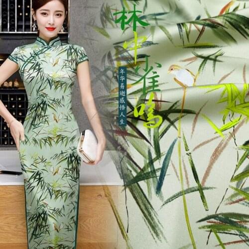 Fashion Bird Branches Printed 95% Silk Satin Fabric For Woman Dress Blouse Pajamas Sleepwear DIY Cloth Sewing STRETCH Materia