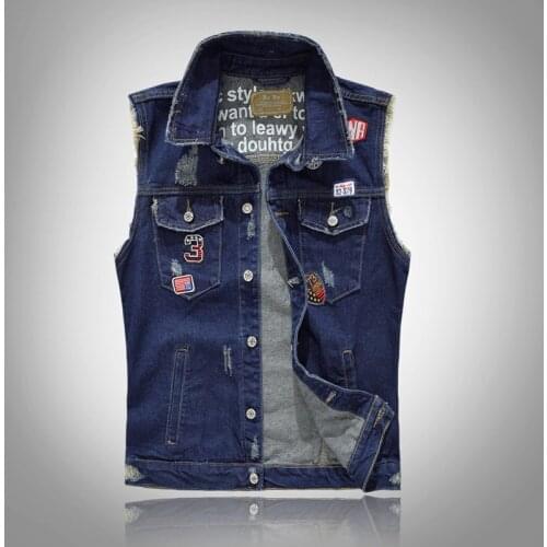 American Street Style Fashion Men Vest Retro Dark Blue Patches Designer Hip Hop Ripped Denim Vest For Men Sleeveless Punk Jacket