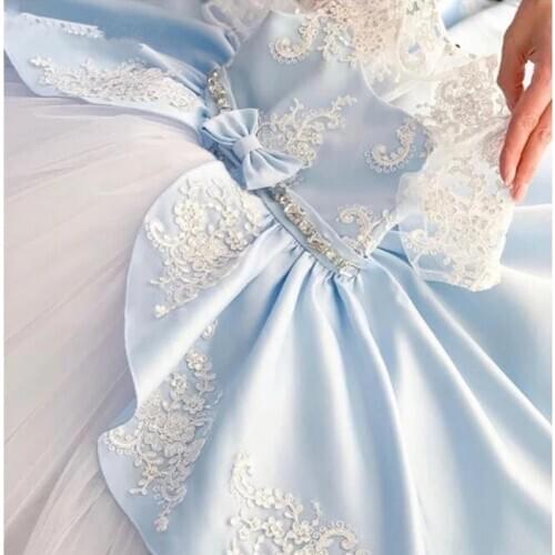 Sky Blue Puffy Tulle Flower Girl Dress Ball Gown Baby Clothes Little Kids Birthday Party Dress Lace Applique Bow