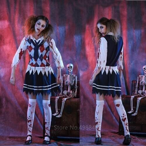 2020 New School Vampire Zombie Student Cosplay Scary Halloween Costumes College Uniform Blood Stains Top Skirt Women Girl Witch