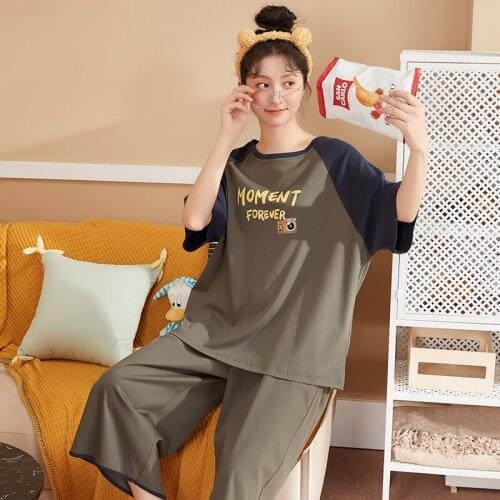 Womens Summer Casual Loose Plus Size Short Sleeve Pajamas Sets Fashion Yellow Letter Cartoon Printed Patchwork Girls Sleepwear