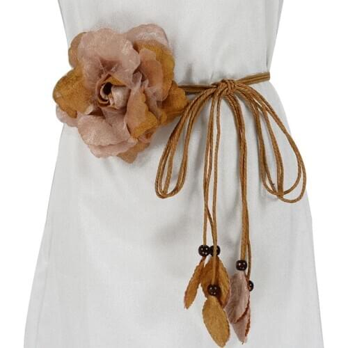 Casual Knotted Waist Chain For Dresses Lady Thin Waist Belt Long Tassel Braid Waistband Elegant Handmade Big Flower Decorative