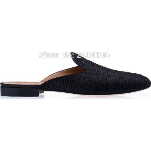 Drop Shipping Plain Pleated Silk Black Slippers Outsite Spring Summer Mens Half Shoes Round Toe Slip On Flat Leisure Slides Men