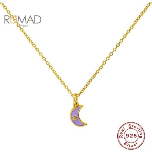ROMAD Women Pink Green Purple Necklace Fine Jewelry 925 Sterling Silver Diamond Drop Oil All-match Moon Pendant Necklace Collar