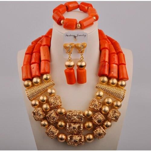 Luxurious Orange Nigerian Wedding African Coral Beads Necklace Jewelry Set for Women