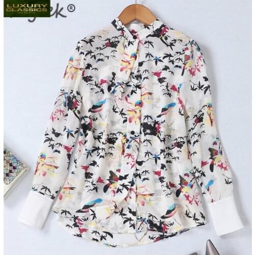 Real Silk Shirt 100% Women Blouses Spring Long Sleeve Ladies Tops Elegant Floral Blouse Korean Fashion Clothing LWL1820