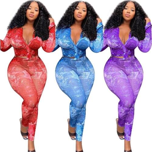 Echoine Print Shirt Falre Ruffle Sleeve Shirt Top Pencil Legging Pants Two Piece Set Slim Fitness Outfits Autumn Matching Set